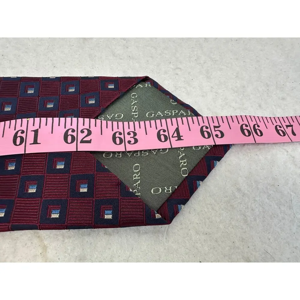 Gaspara Extra Long Pure Silk Tie Burgundy Geometric Squares